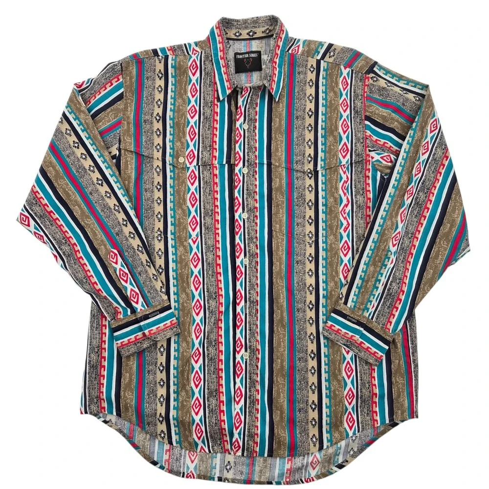 Frontier Series Mens Geometric Stripe Button‎ Down Shirt Large Cotton